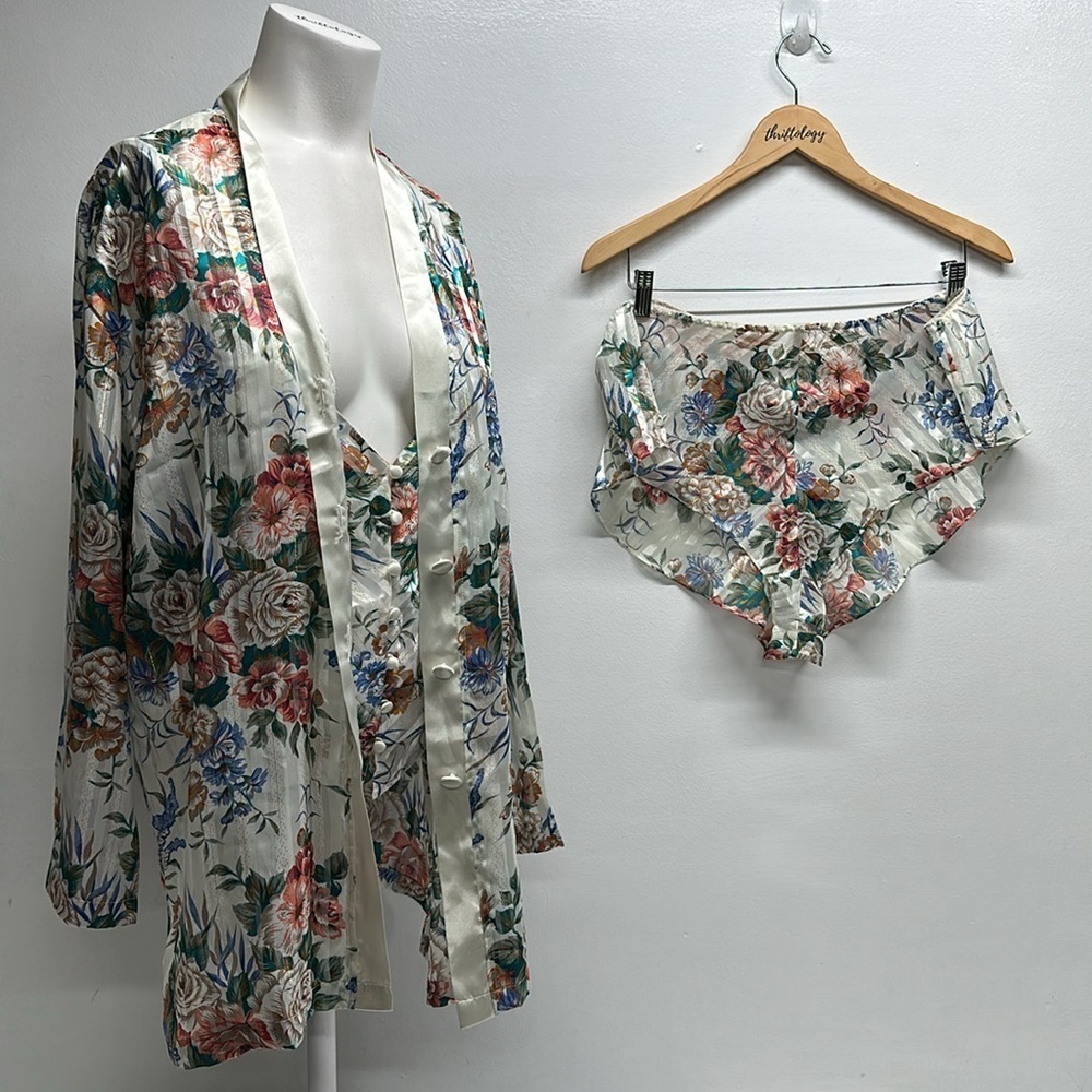 Victorias Secret Vintage Sleep Set Cami Panties Shirt Floral White Large 3 Piece
